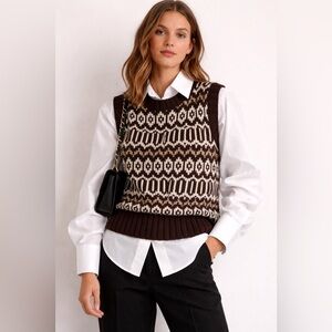 CELINE 100% cashmere brown pattern sweater vest academia preppy luxury Sz Small